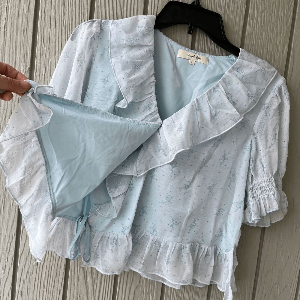 Simple Retro Ballet Wrap Top – Blue Ruffle Blouse with Lining – Size Small - Picture 4 of 10